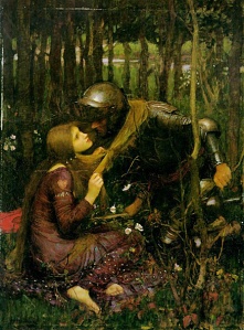 This piece, La Belle Dam Sans Mercie, was painted by Pre-Raphaelite John William Waterhouse. It depicts a woman ensnaring a knight with her hair. Women have a habit of looking to men for love and emotional satisfaction. 